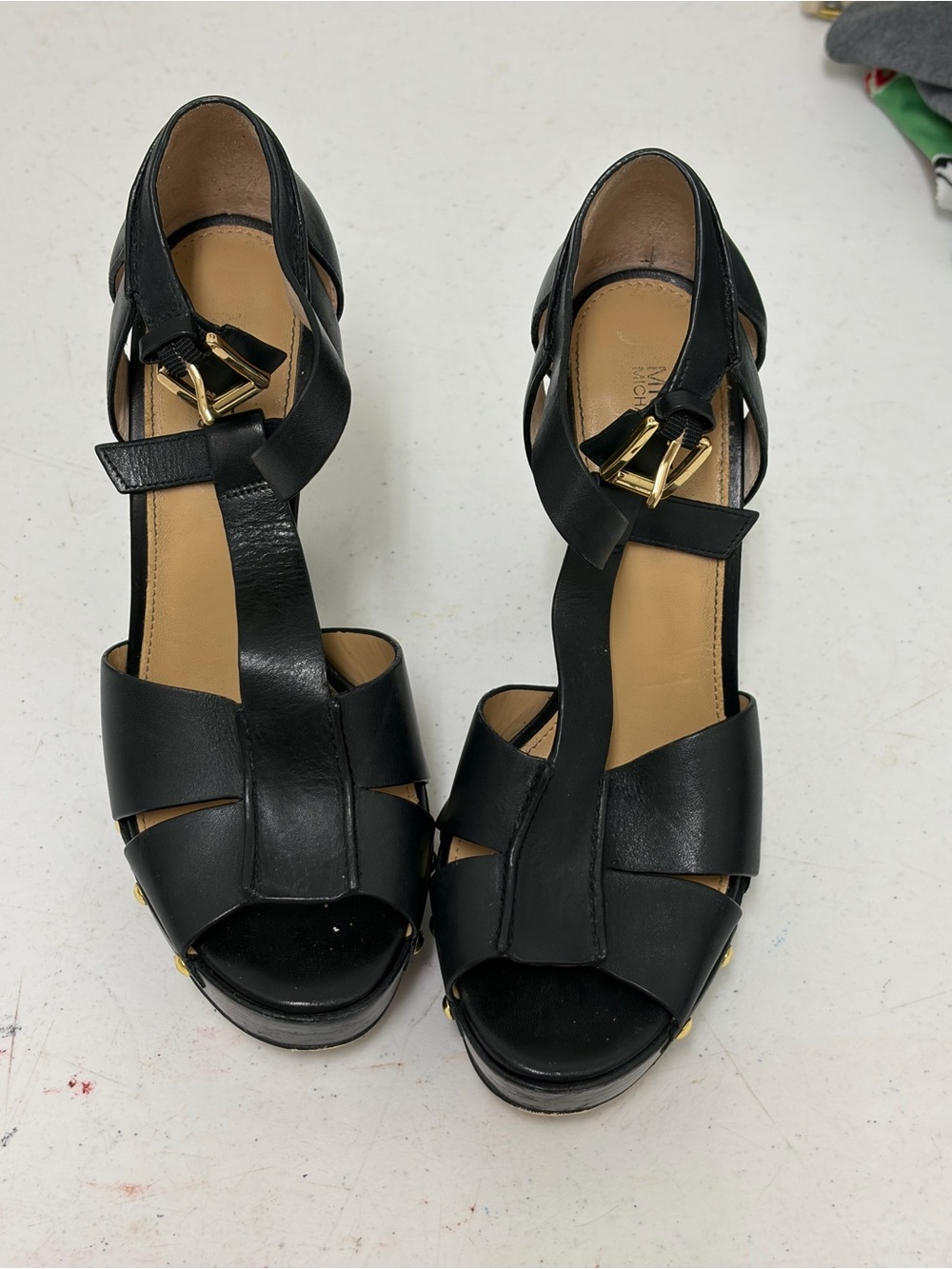 Michael Kors Black Leather Platform T-Strap Sandals with Gold Buckle